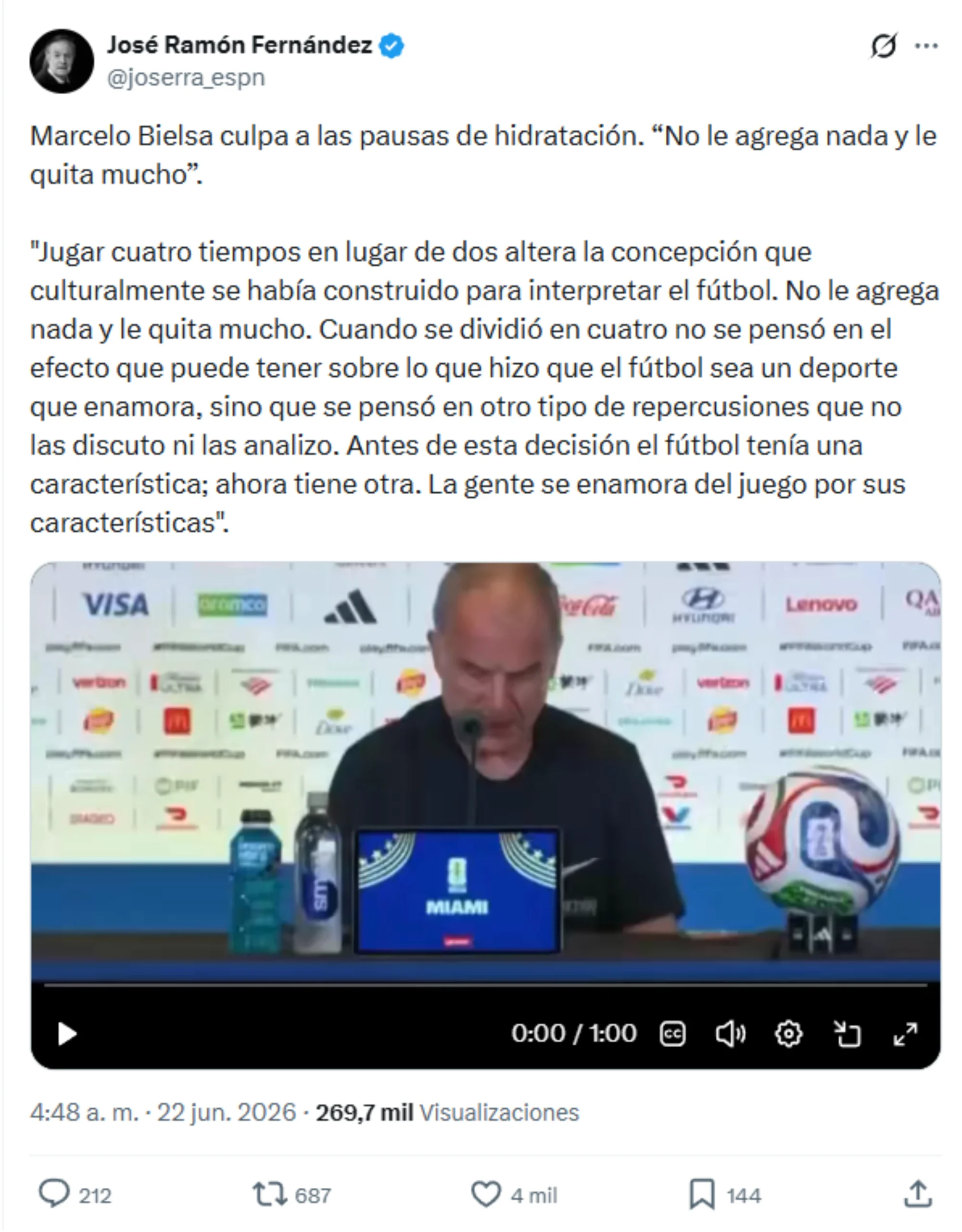 Marcelo Bielsa Pausa de Hidratacion